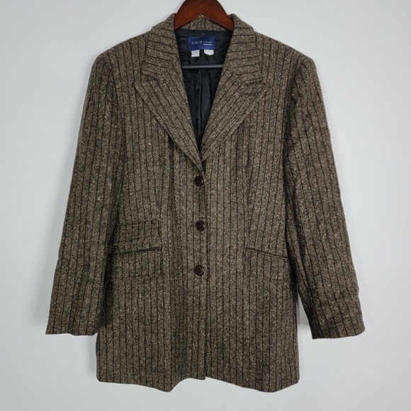 Zara Jackets & Blazers - Zara Concept‎ Collection Womens Blazer Size 10 Brown Striped Tweed 3 Button Work